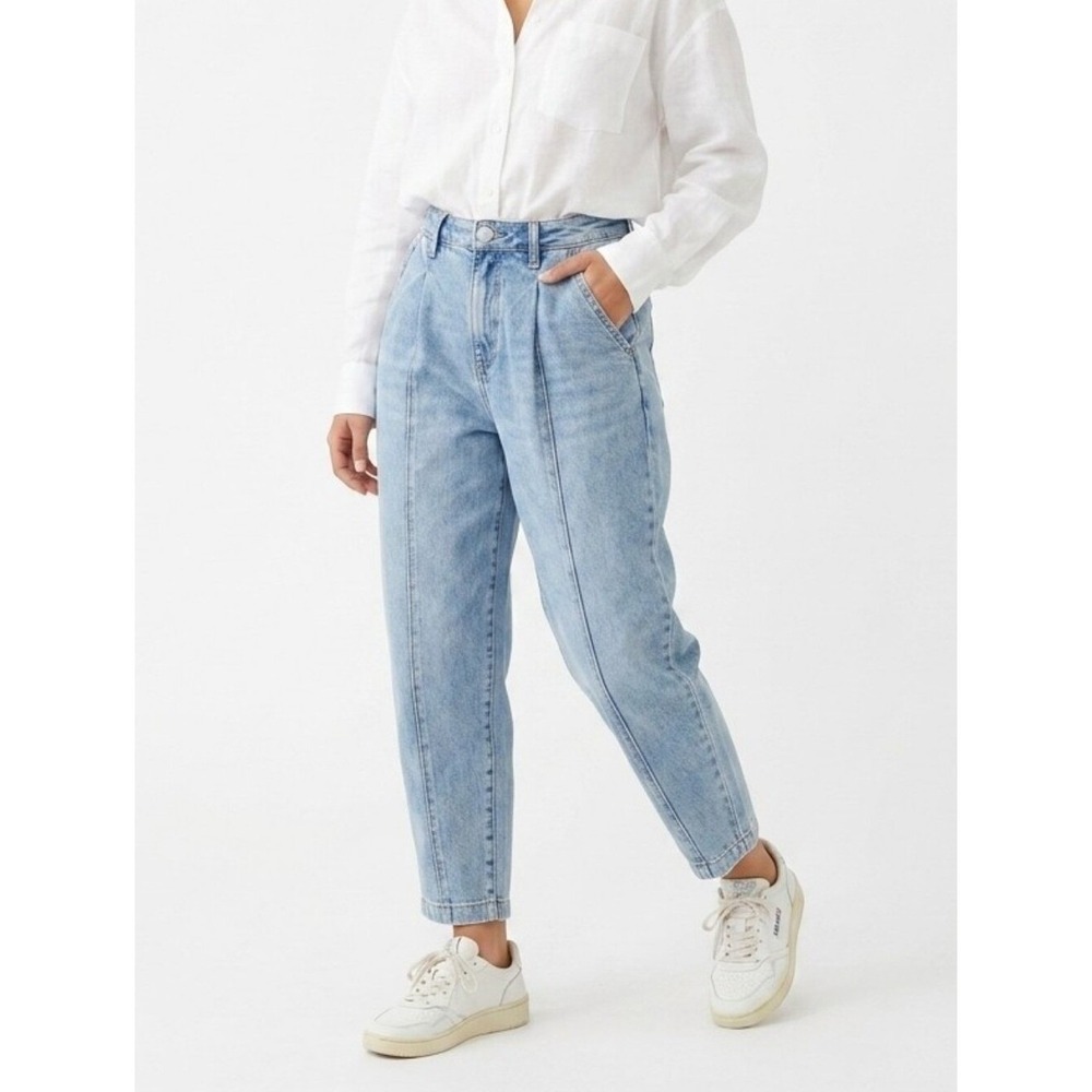 Frayed Jeans Pleated Baggy Jeans Women 24 Blue High Rise Tapered Mom Denim